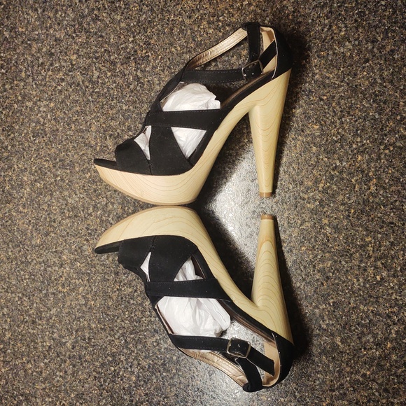 50%OFF!Qupid Sexy Platform High Heel Sandals Black Faux Suede On Wooden Heel - Picture 9 of 16